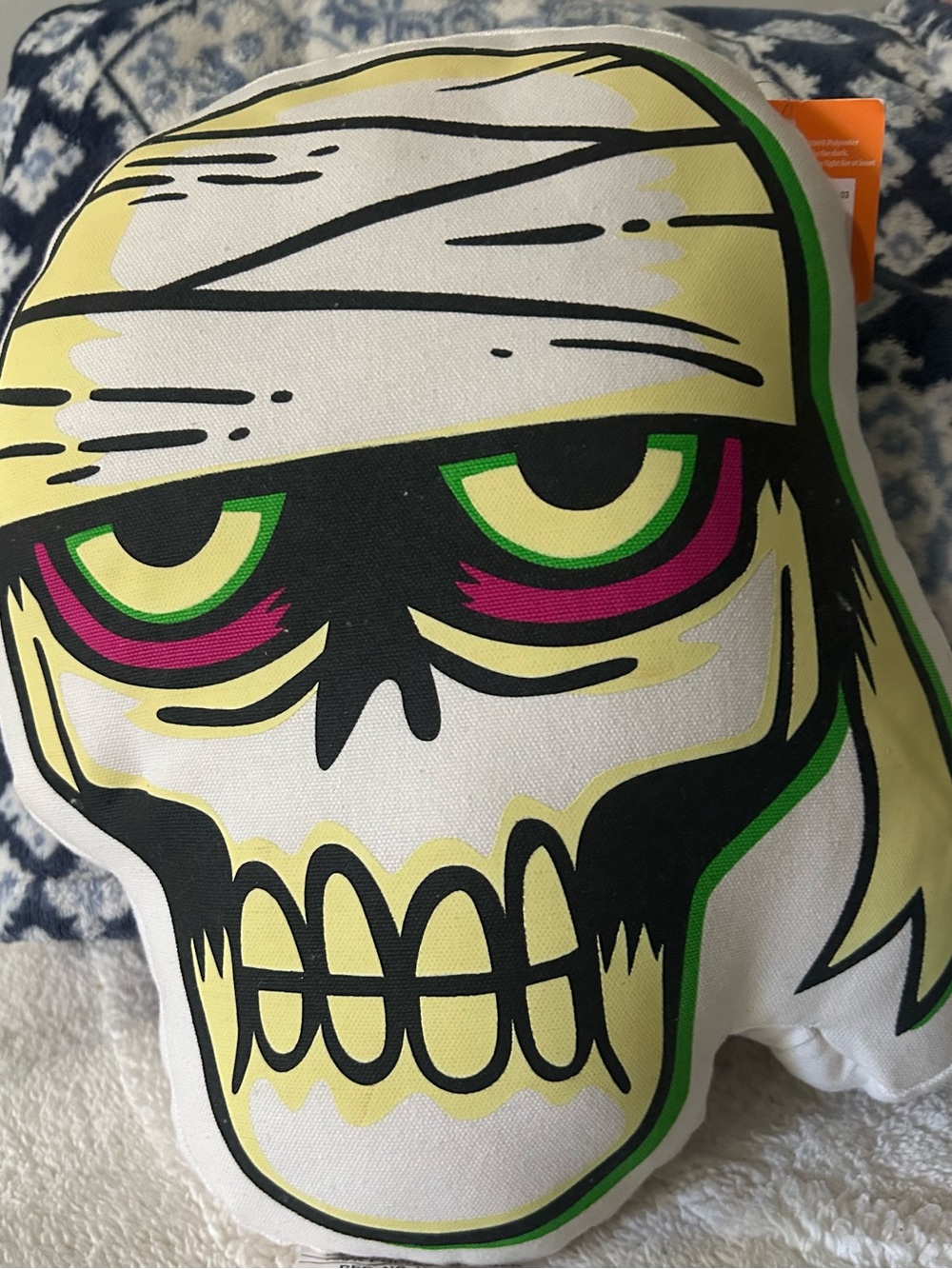Mummy Skull Decorative Pillow - White & Green Accent